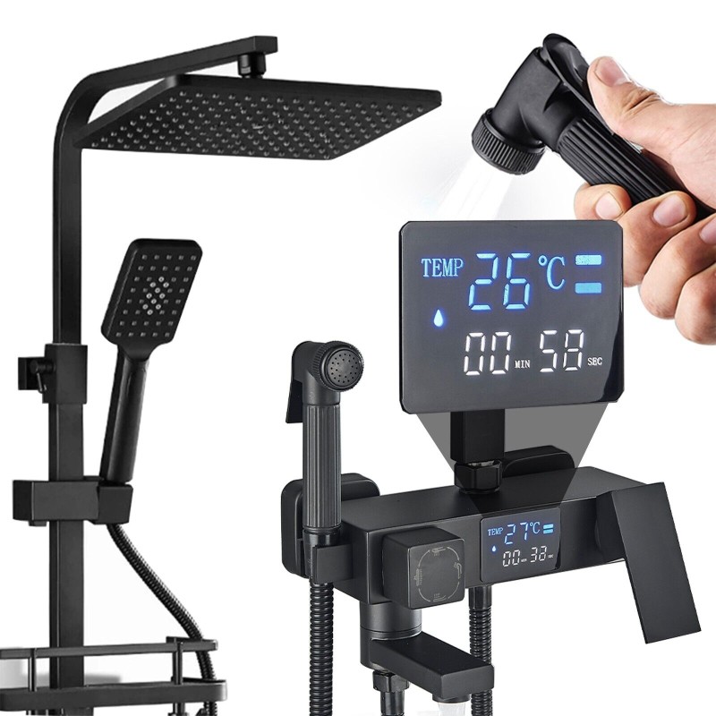 Modern Exposed Black Shower Mixer Twin Head Bar Set Bathroom Square Valve Tap