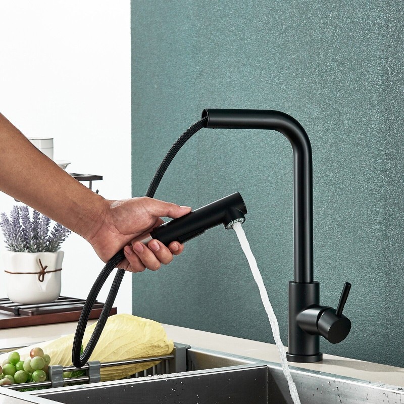 Matte Black Kitchen Sink Faucet Pull Down Sprayer Single Handle Swivel Mixer Tap